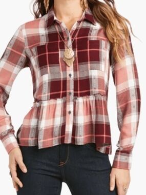 Ariat Pink and Burgundy Plaid Button-Front Peplum Shirt